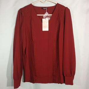 Burgundy Blouse Women Long Sleeve V Neck Lace Detail Dressy Casual Top